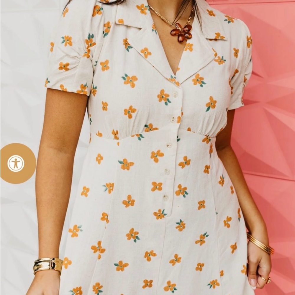 Floral Button-Front Mini Dress in Cream and Orange